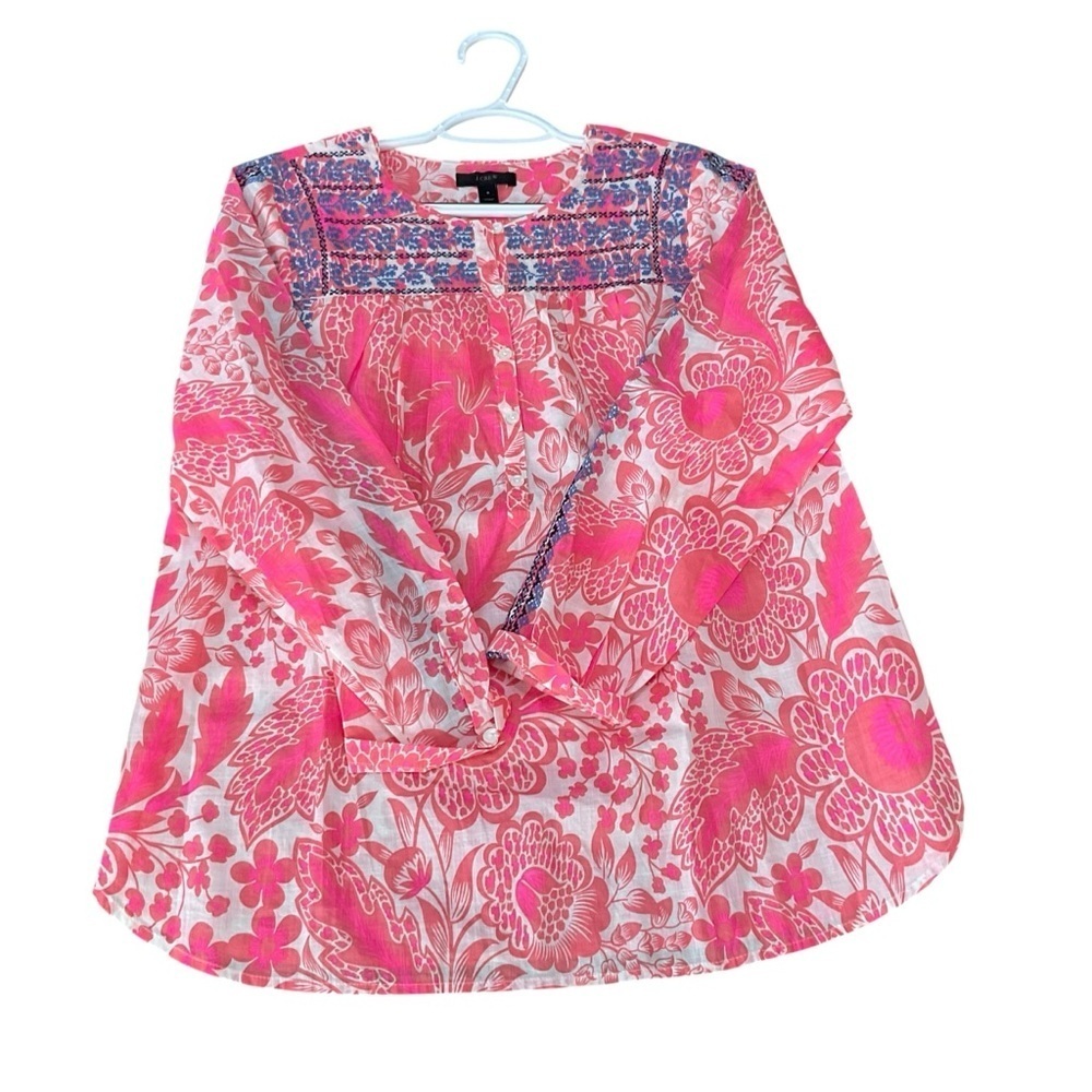 J.Crew Embroidered Floral Cotton Peasant Top Pink Blue Size 6 - Picture 2 of 9